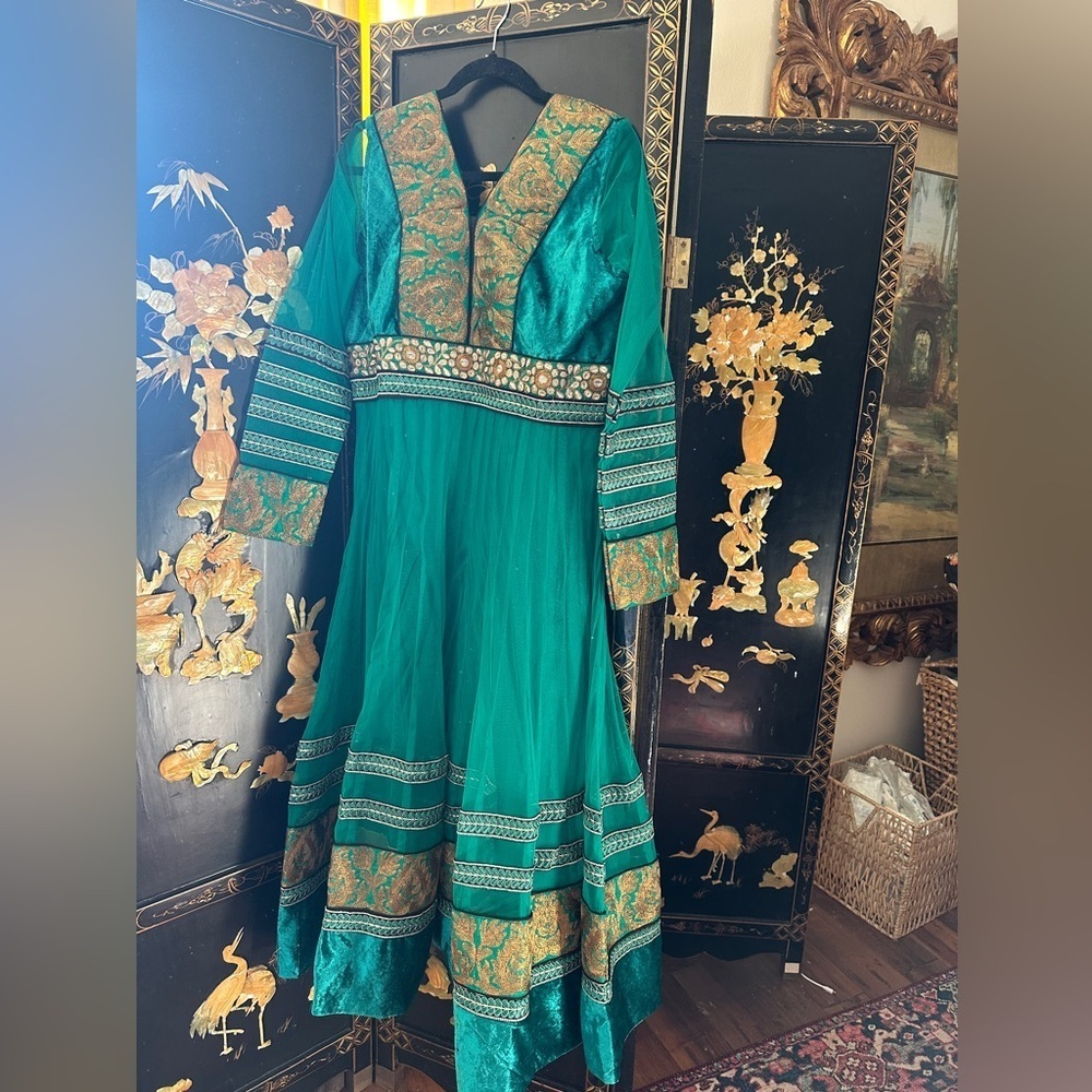Luxurious Teal Embroidered Long Sleeve Dress